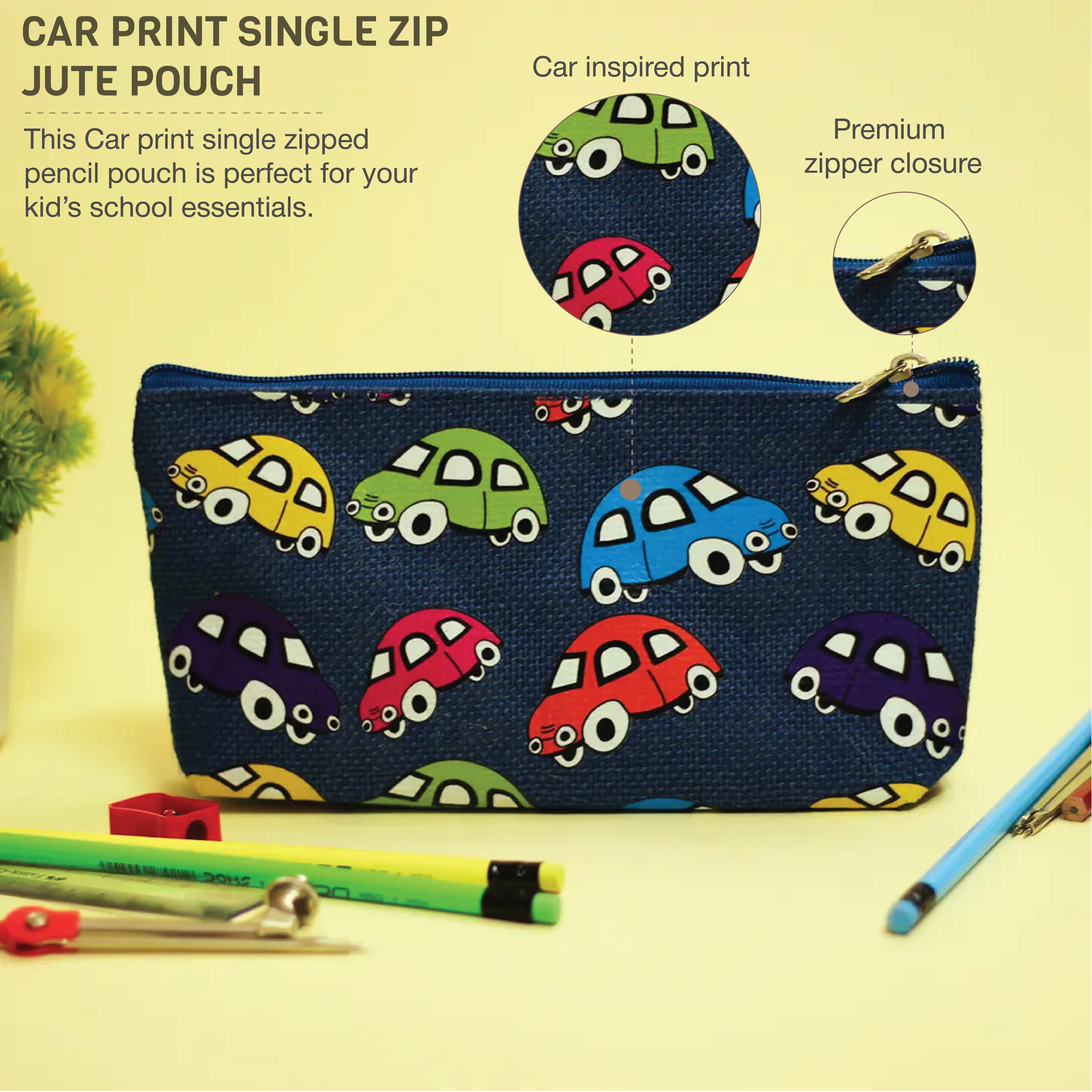 Car Print Single Zip Jute Pouch