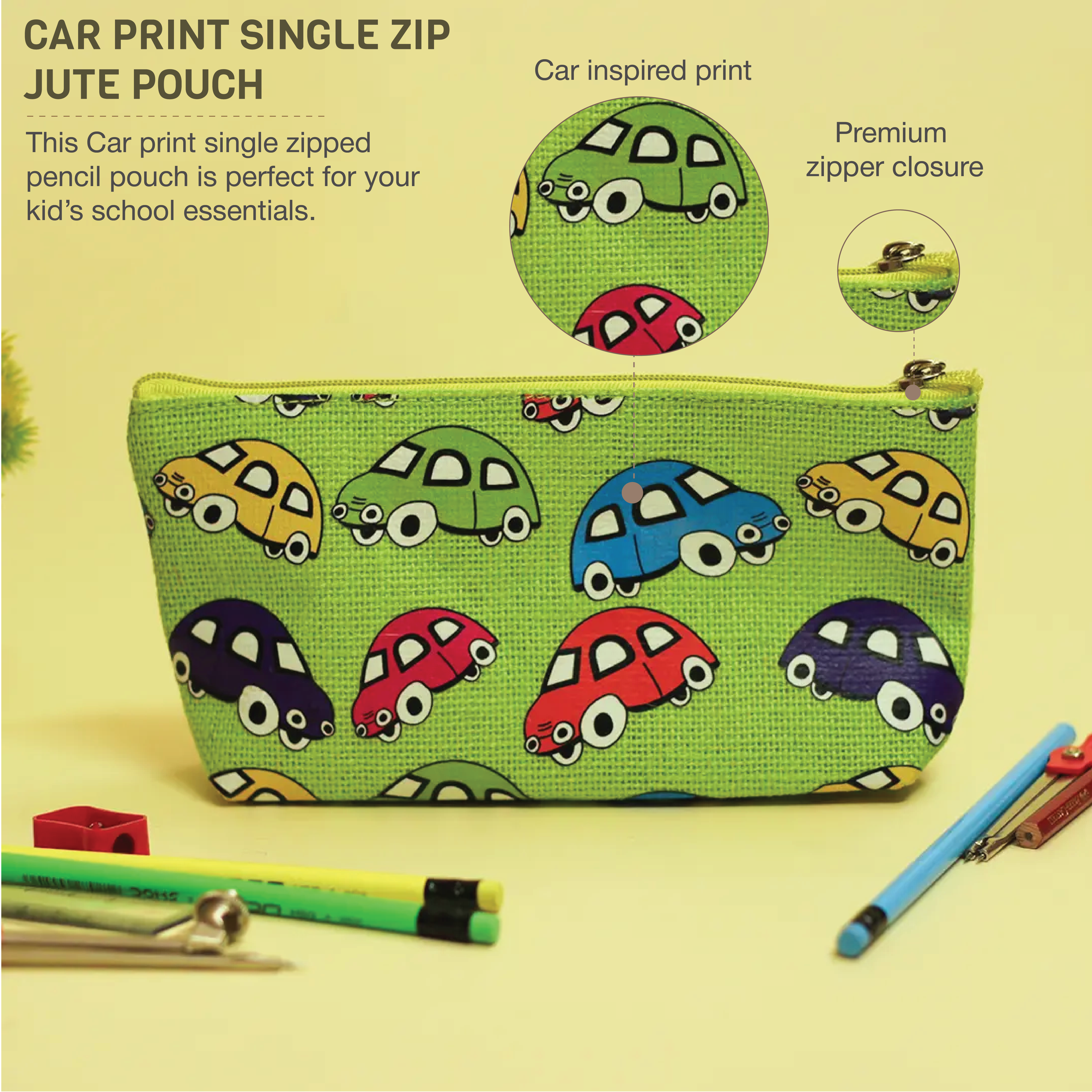 Car Print Single Zip Jute Pouch