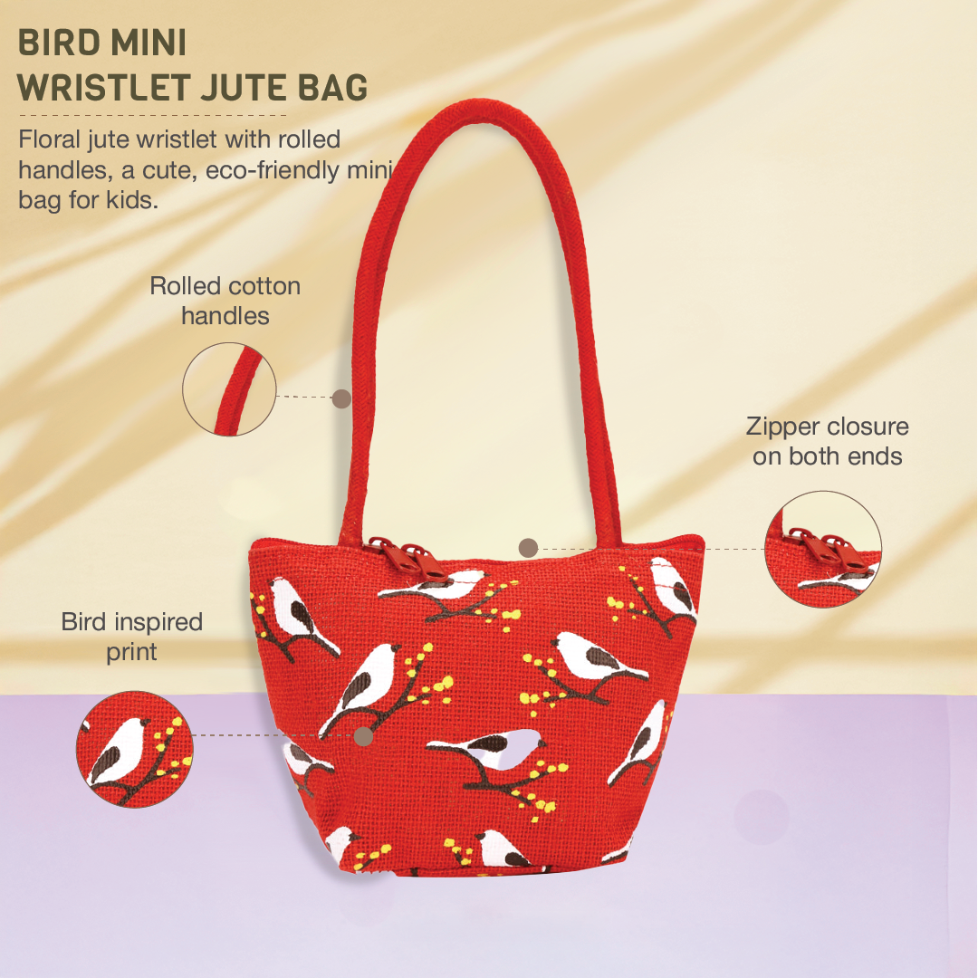 Bird print Mini Wristlet jute bag(D-lock)