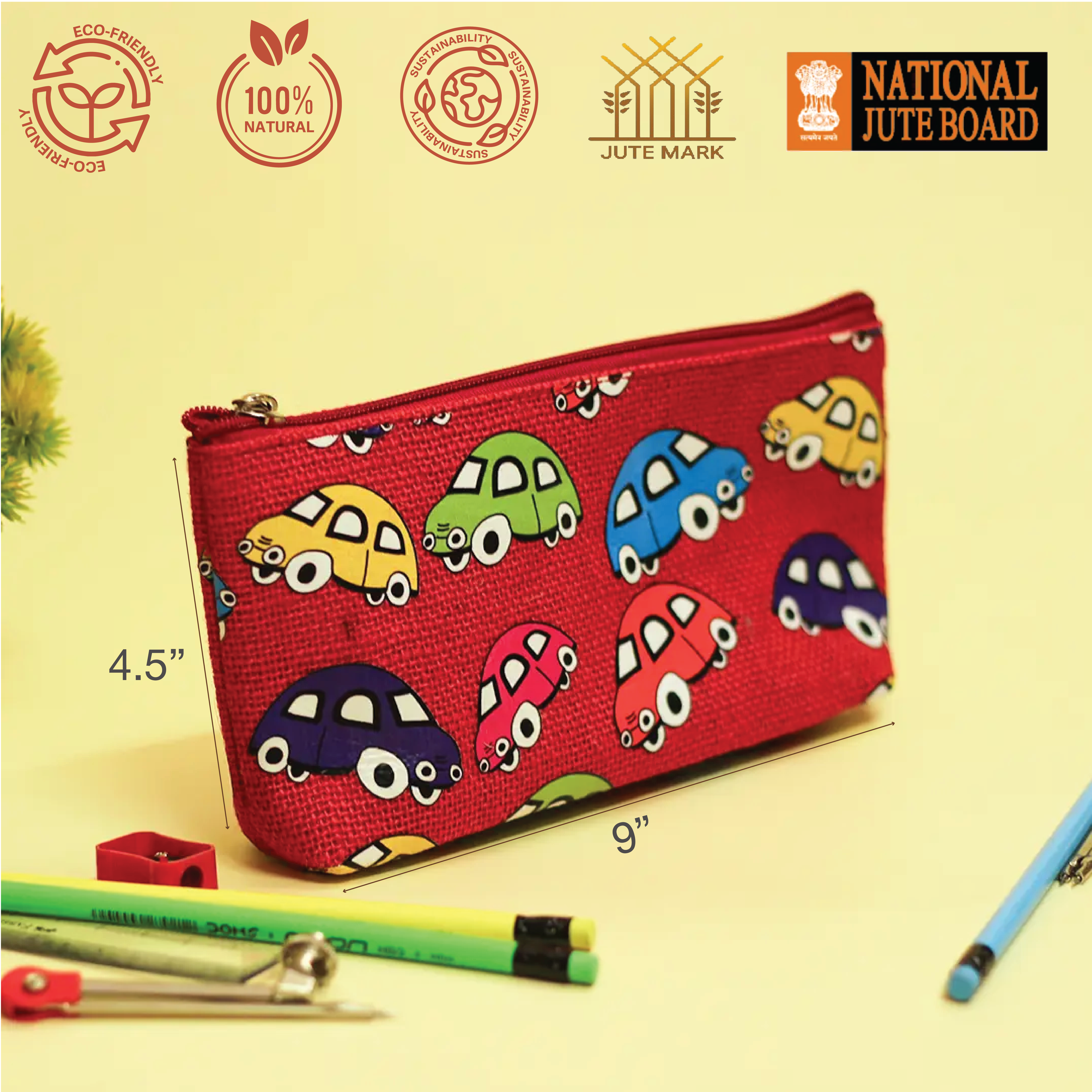 Car Print Single Zip Jute Pouch