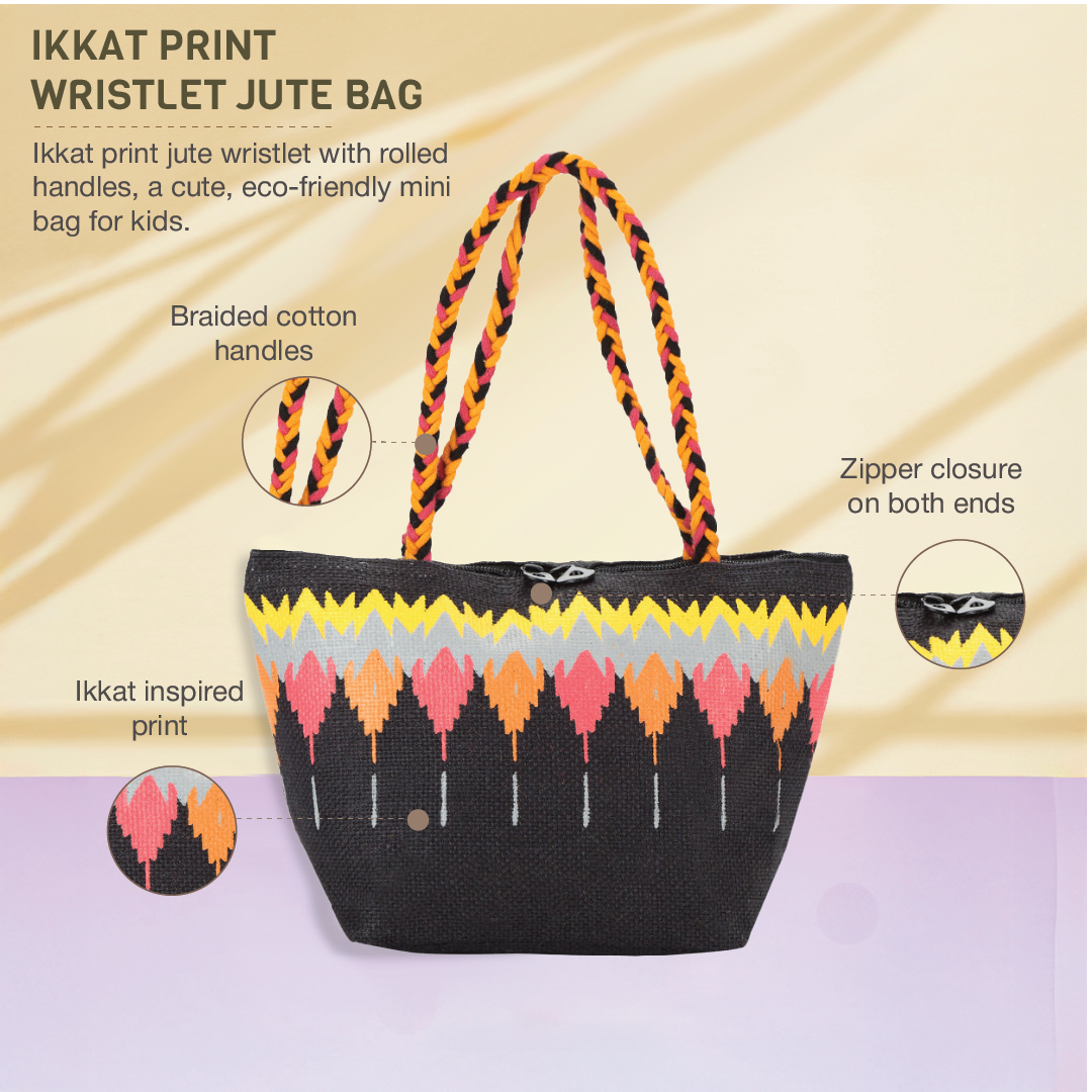 Ikkat print Mini Wristlet jute bag(D-lock)