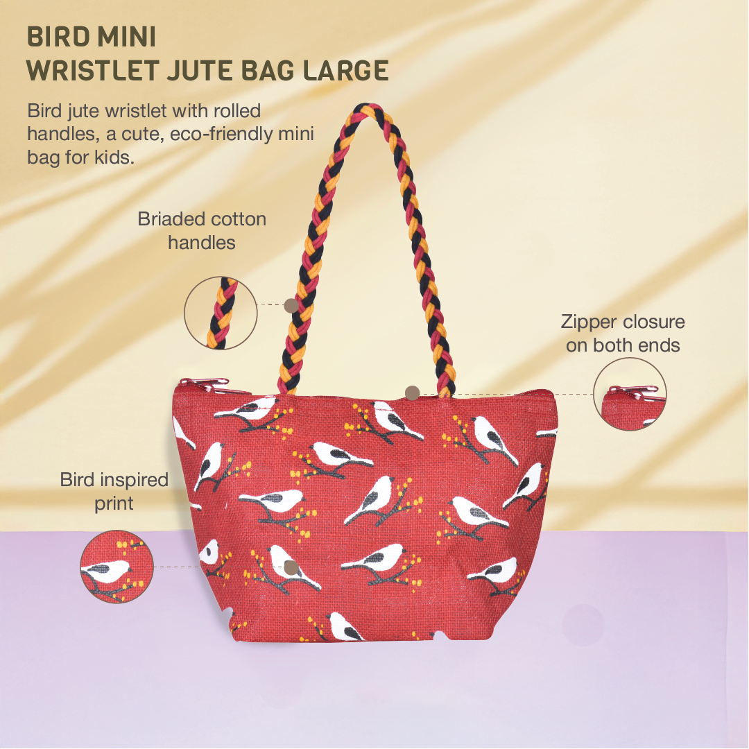 Bird print Mini Wristlet jute bag large(D-lock)