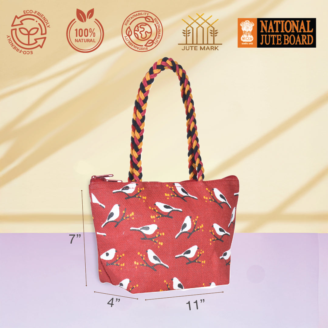 Bird print Mini Wristlet jute bag large(D-lock)