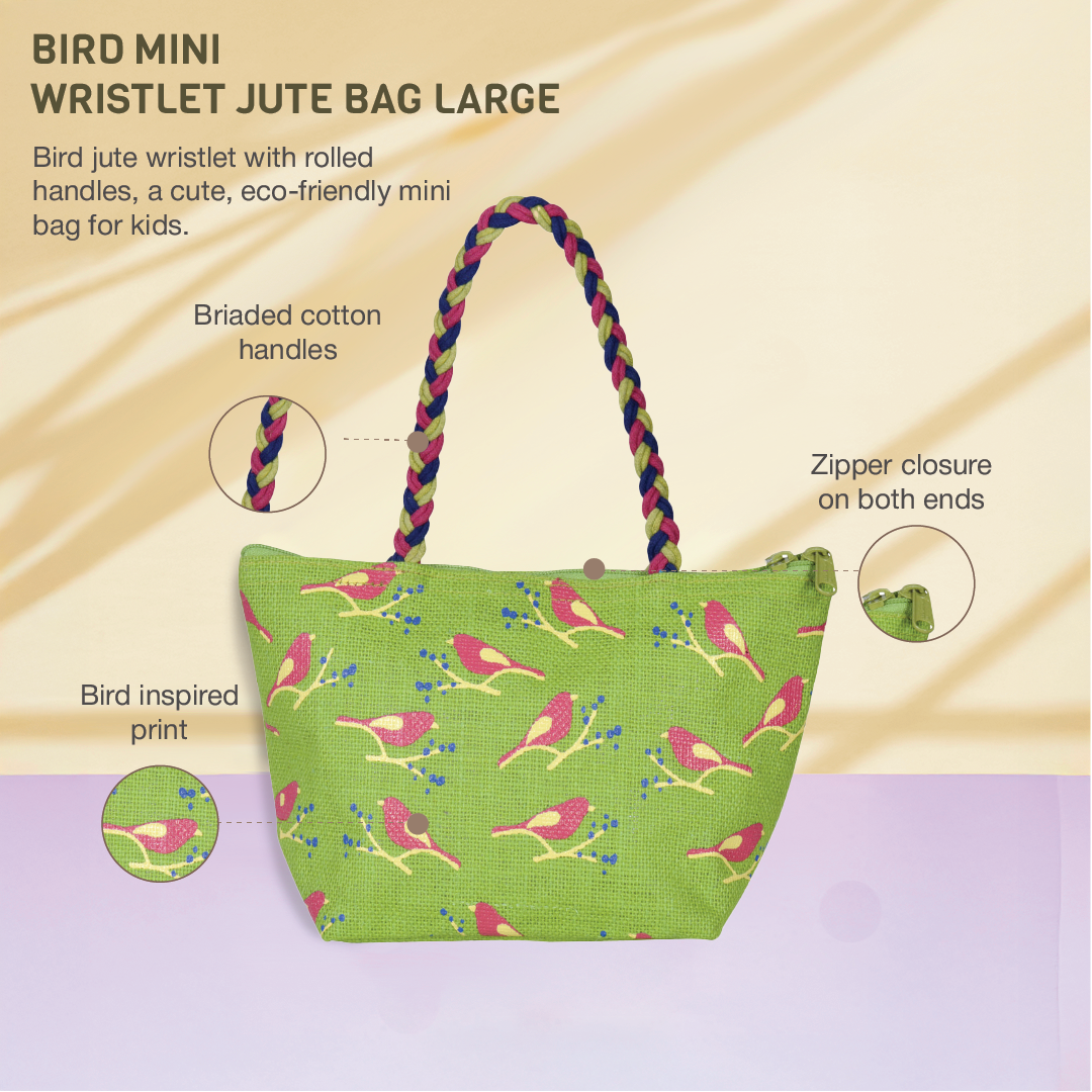 Bird print Mini Wristlet jute bag large(D-lock)