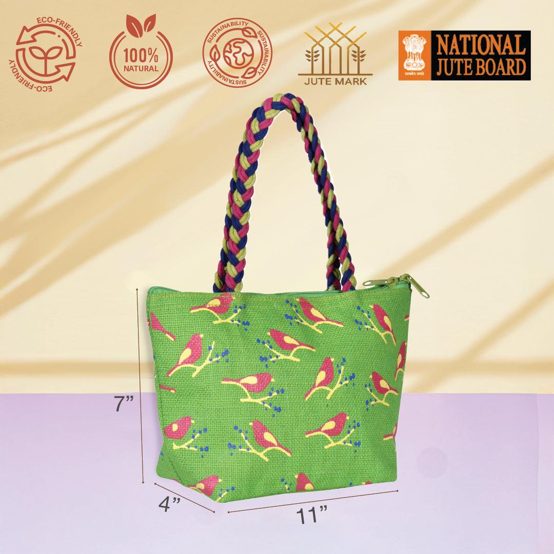 Bird print Mini Wristlet jute bag large(D-lock)