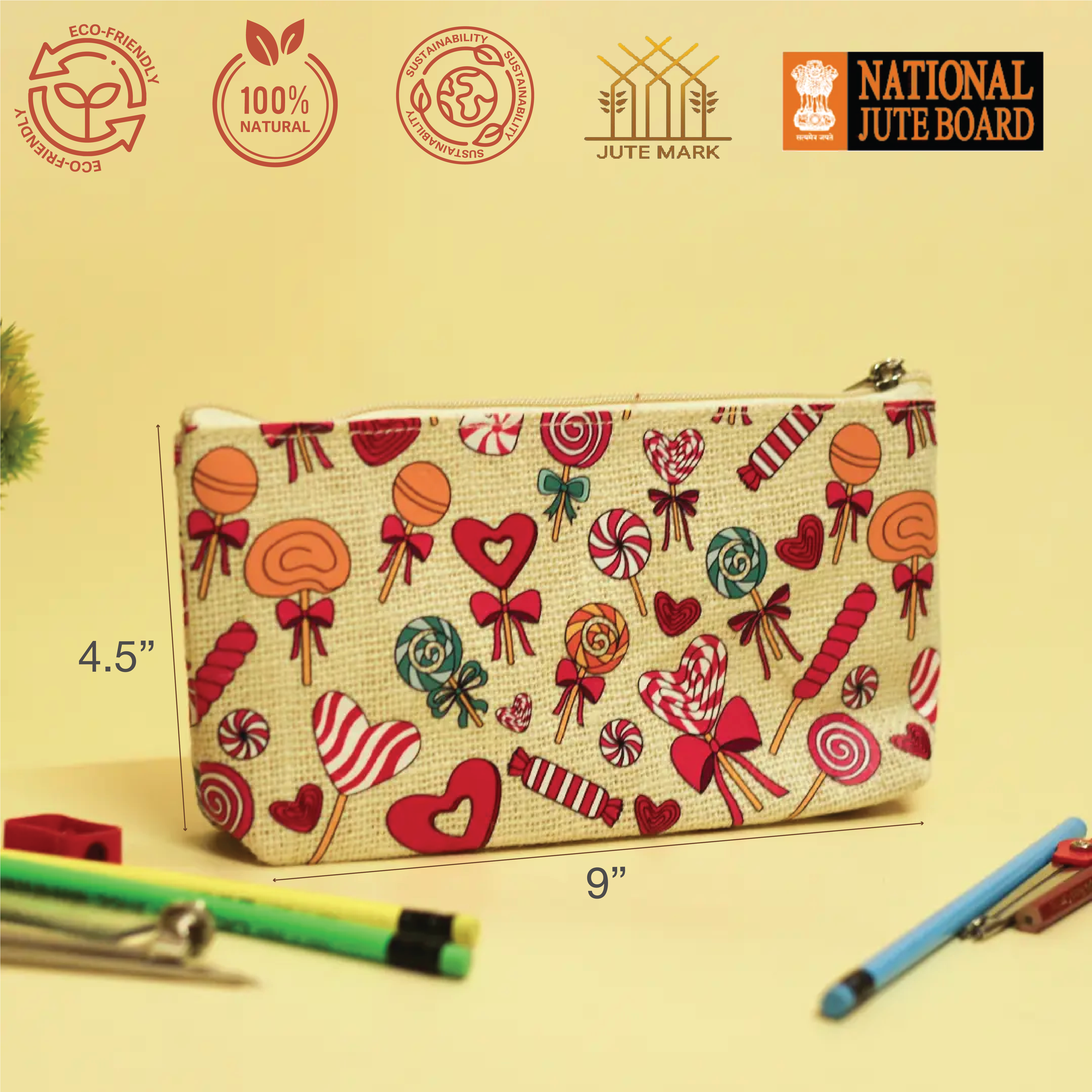 Lollipop Print Single Zip Jute Pouch