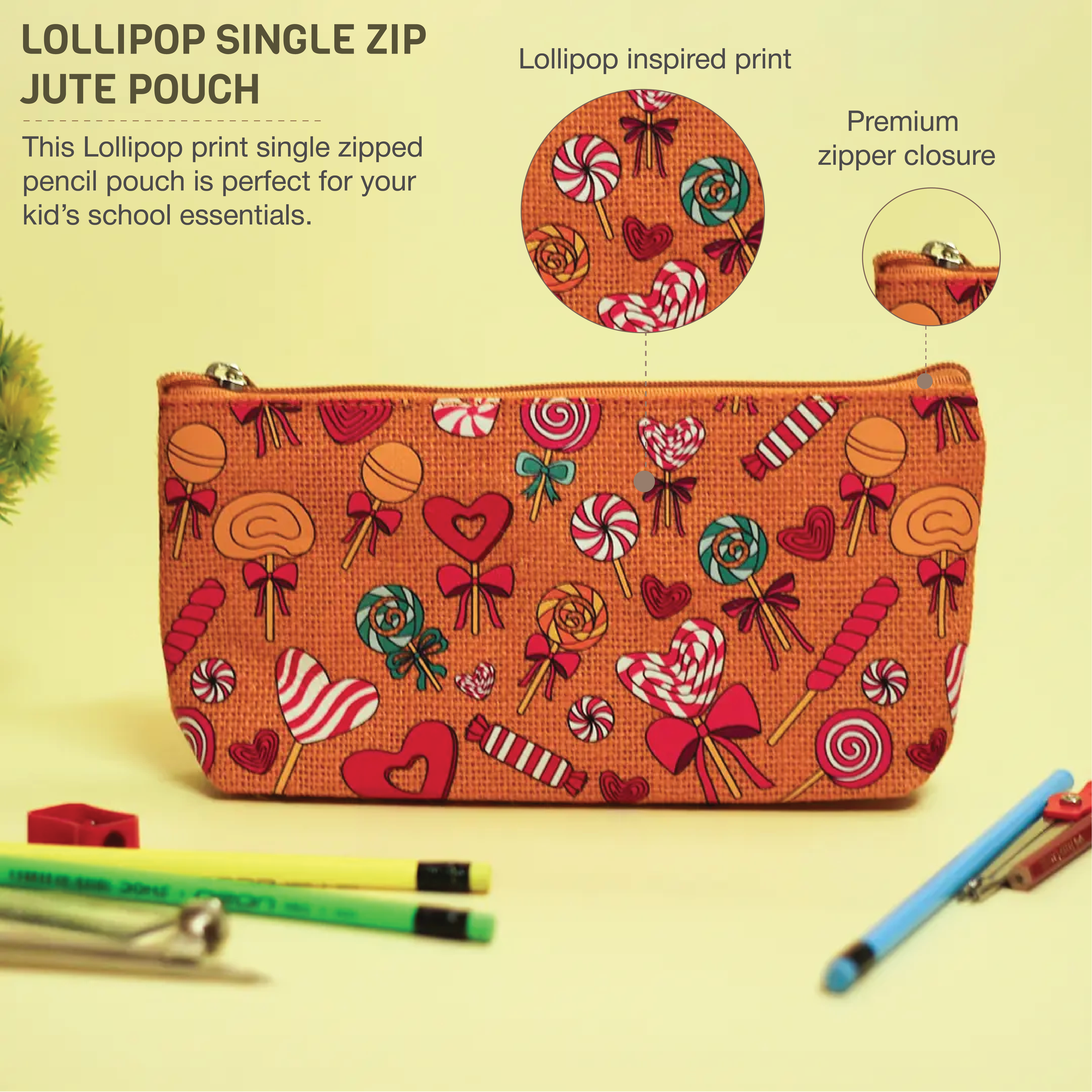 Lollipop Print Single Zip Jute Pouch