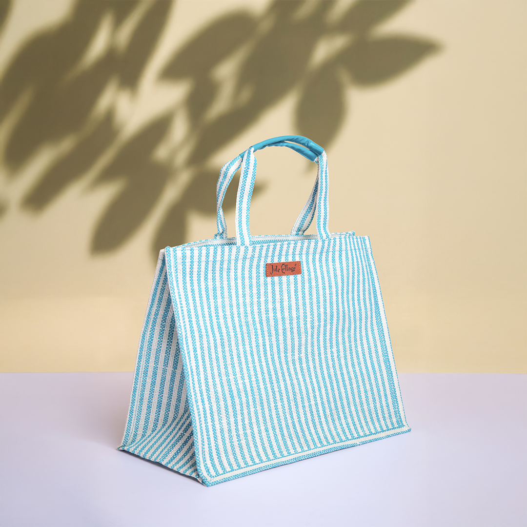 Striped Jute Shopping Bag with Zipper Medium