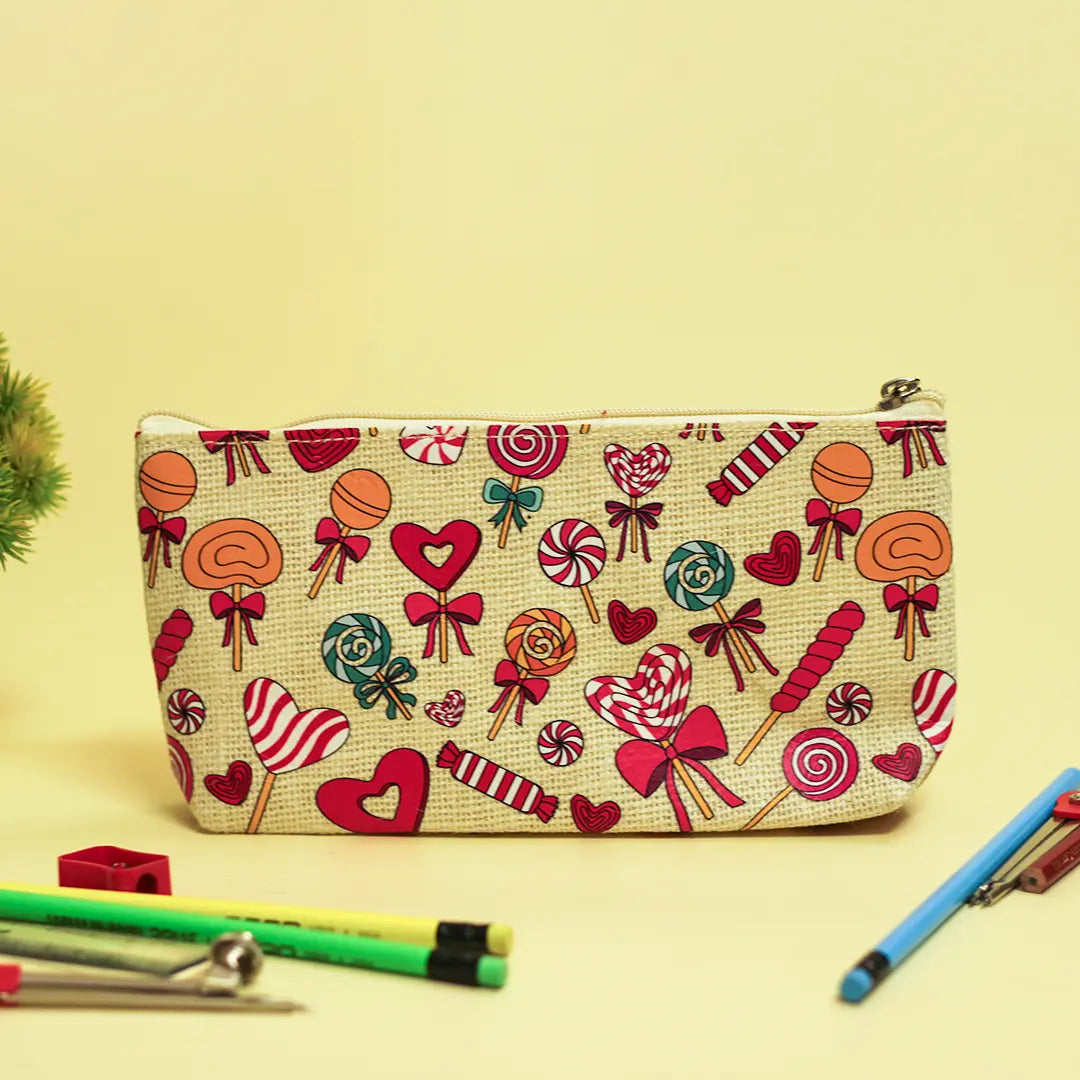 Lollipop Print Single Zip Jute Pouch