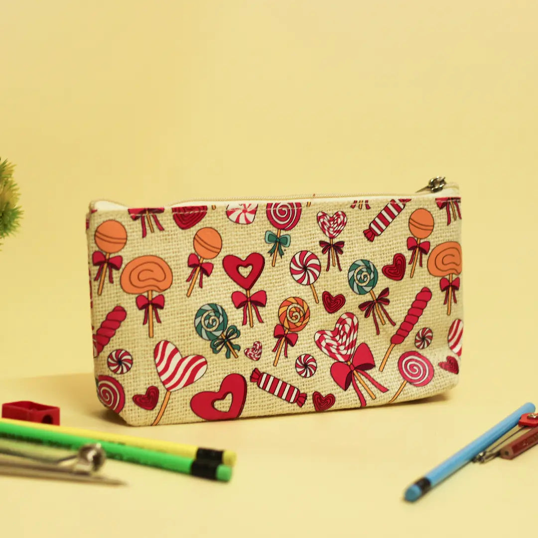 Lollipop Print Single Zip Jute Pouch