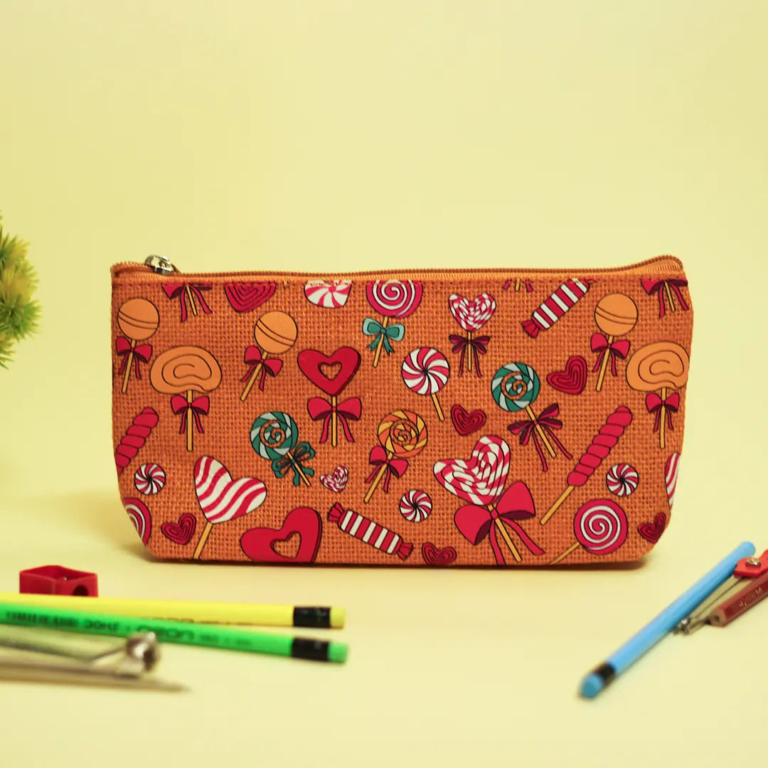 Lollipop Print Single Zip Jute Pouch