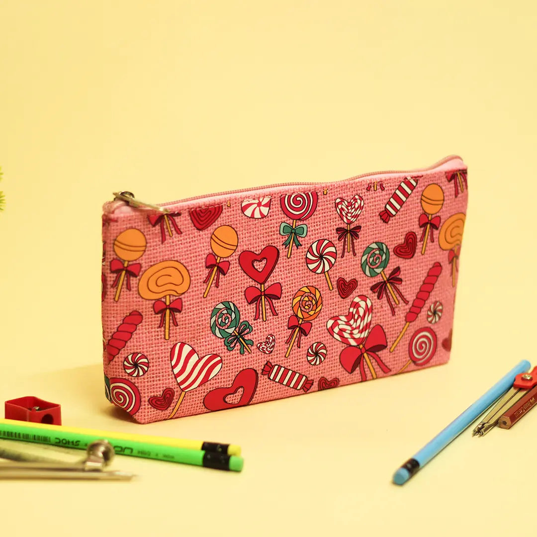 Lollipop Print Single Zip Jute Pouch