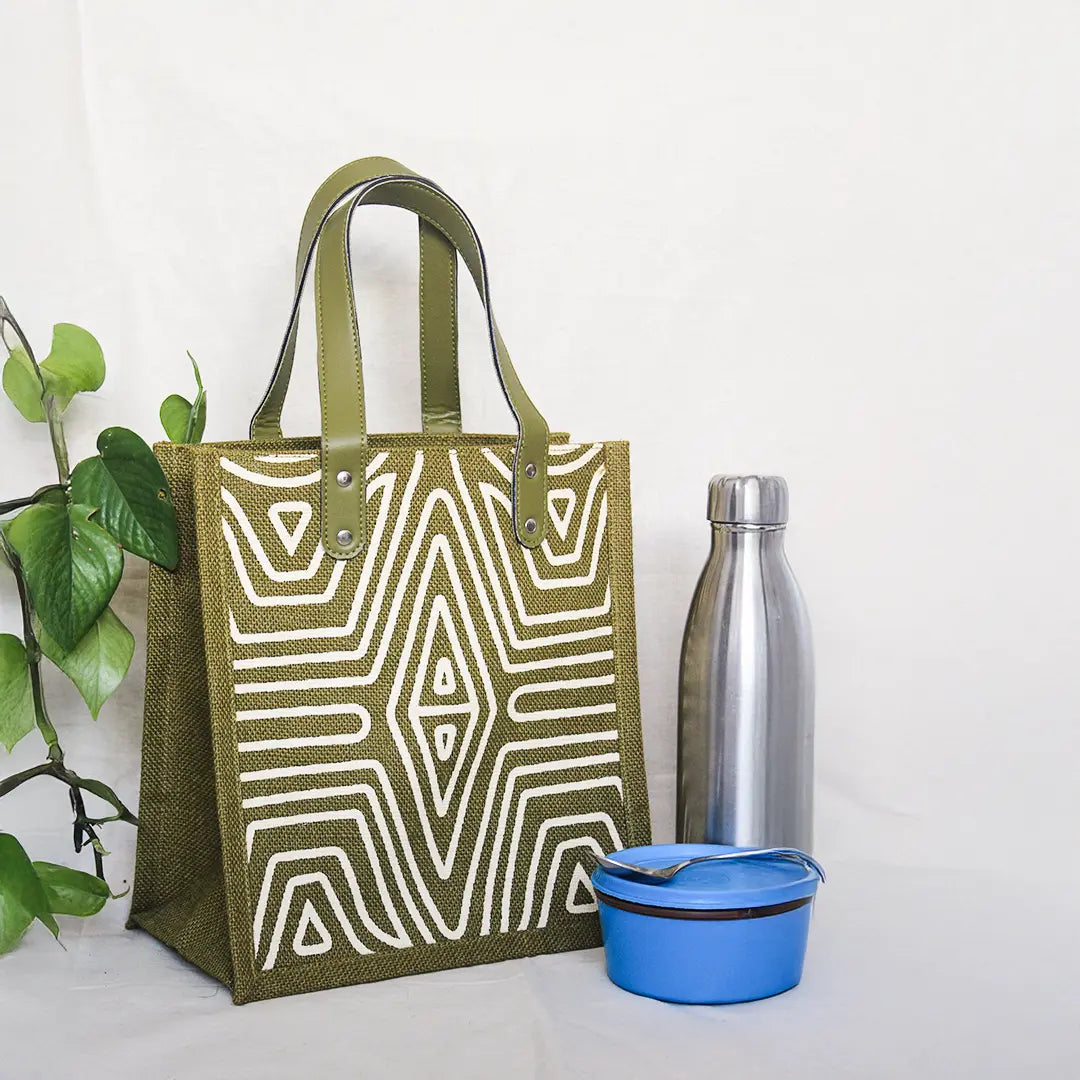 Geometric Lines Jute Lunch bag