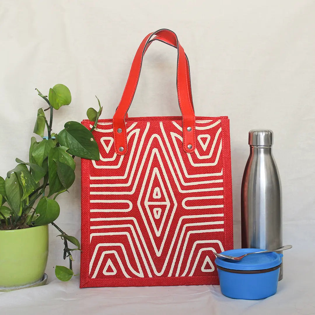 Geometric Lines Jute Lunch bag