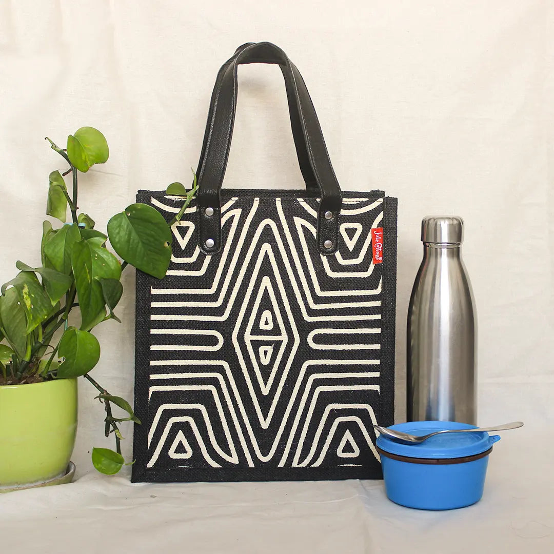 Geometric Lines Jute Lunch bag