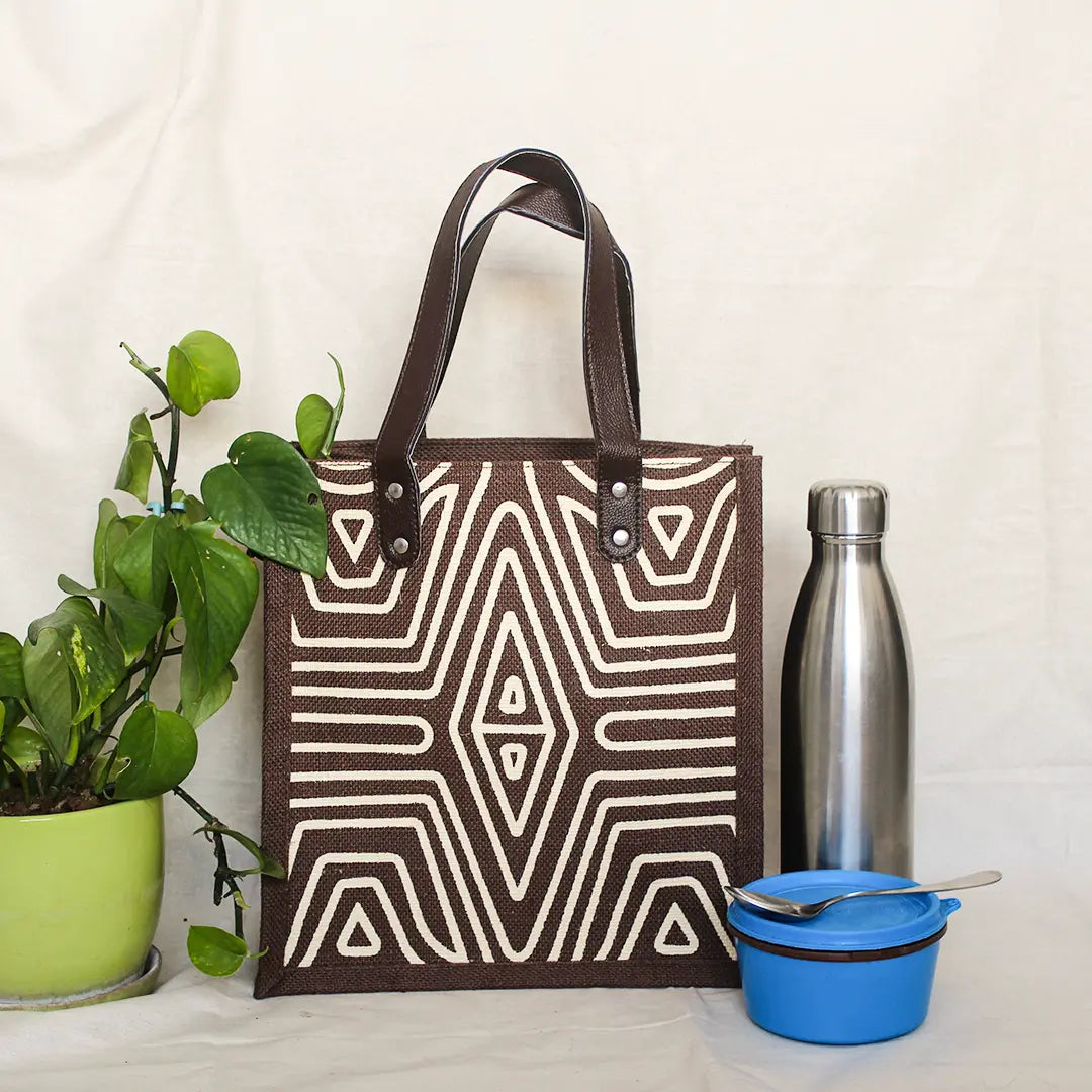 Geometric Lines Jute Lunch bag