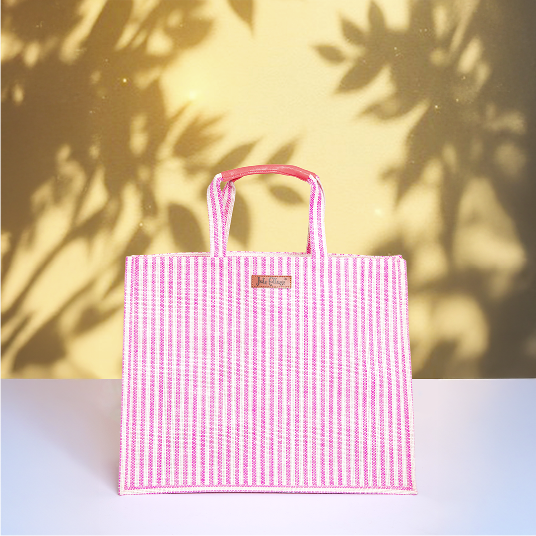Blue Striped Jute Shopping Bag with Zipper