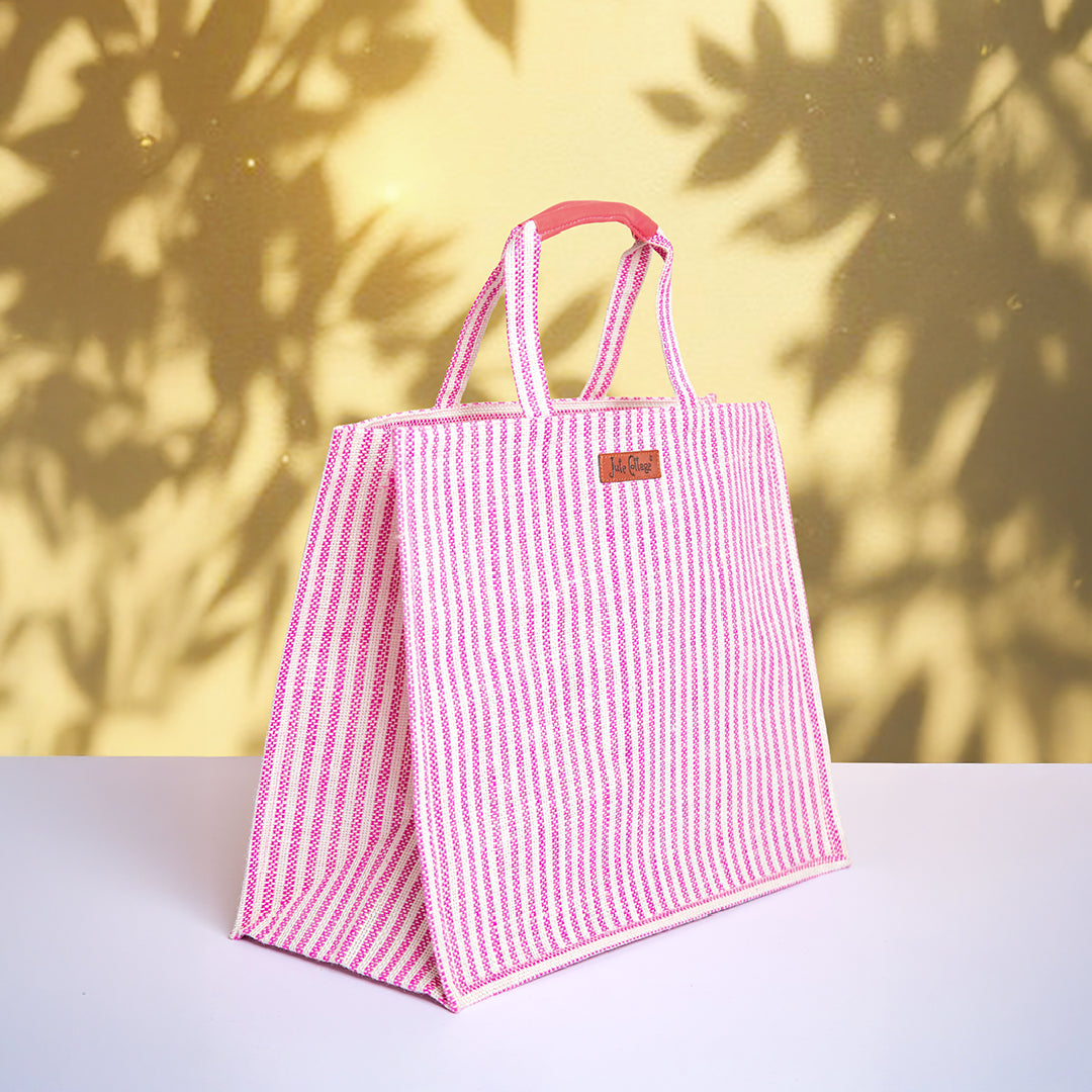 Blue Striped Jute Shopping Bag with Zipper