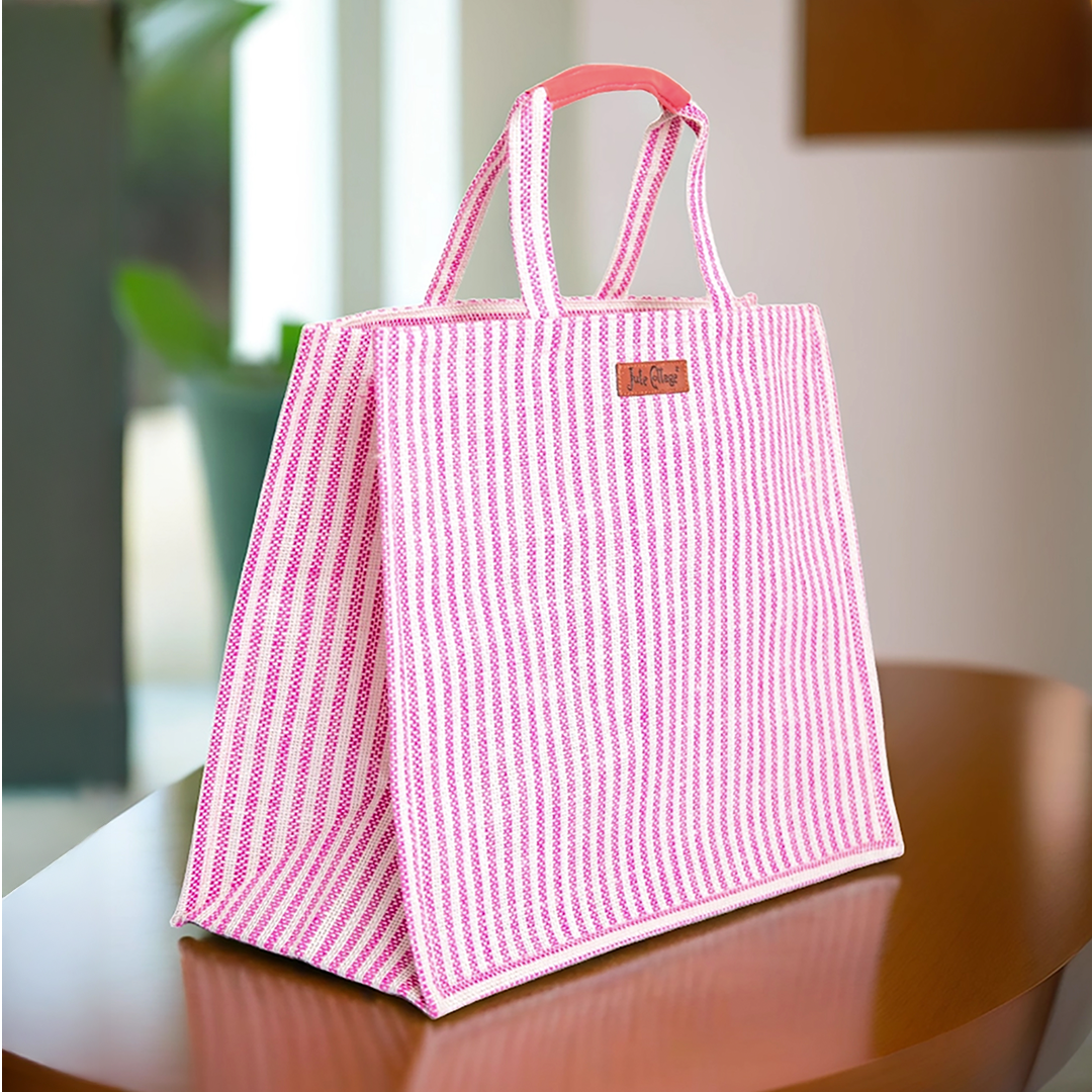 Blue Striped Jute Shopping Bag with Zipper