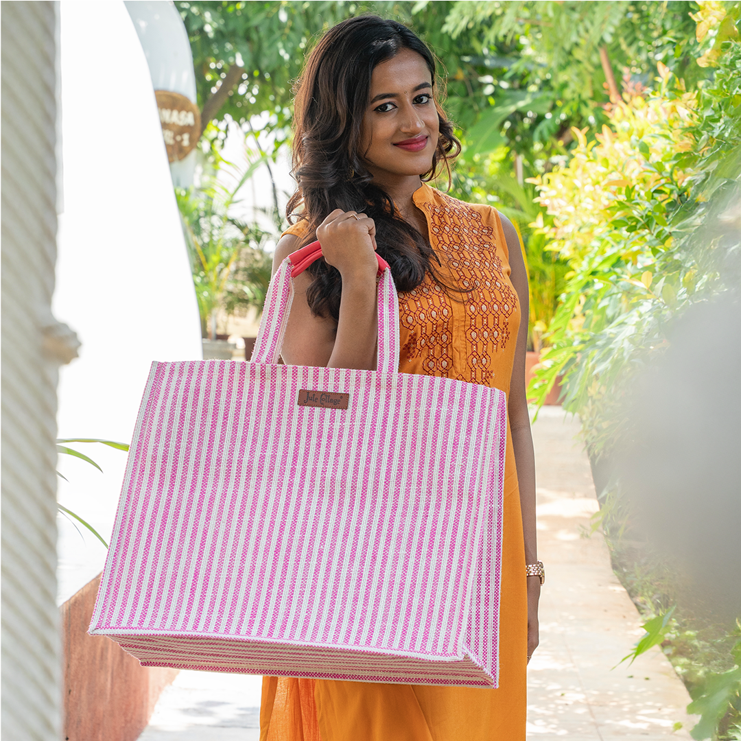Blue Striped Jute Shopping Bag with Zipper