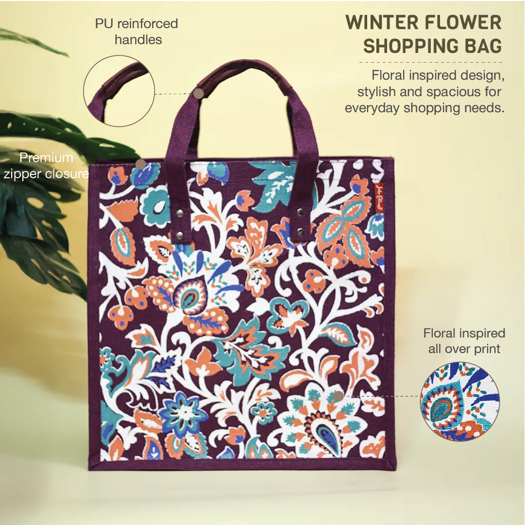 Winter Flower Jute Shopping bag