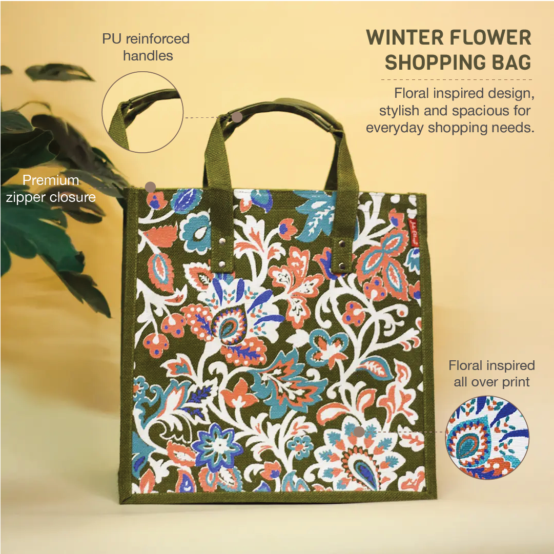 Winter Flower Jute Shopping bag