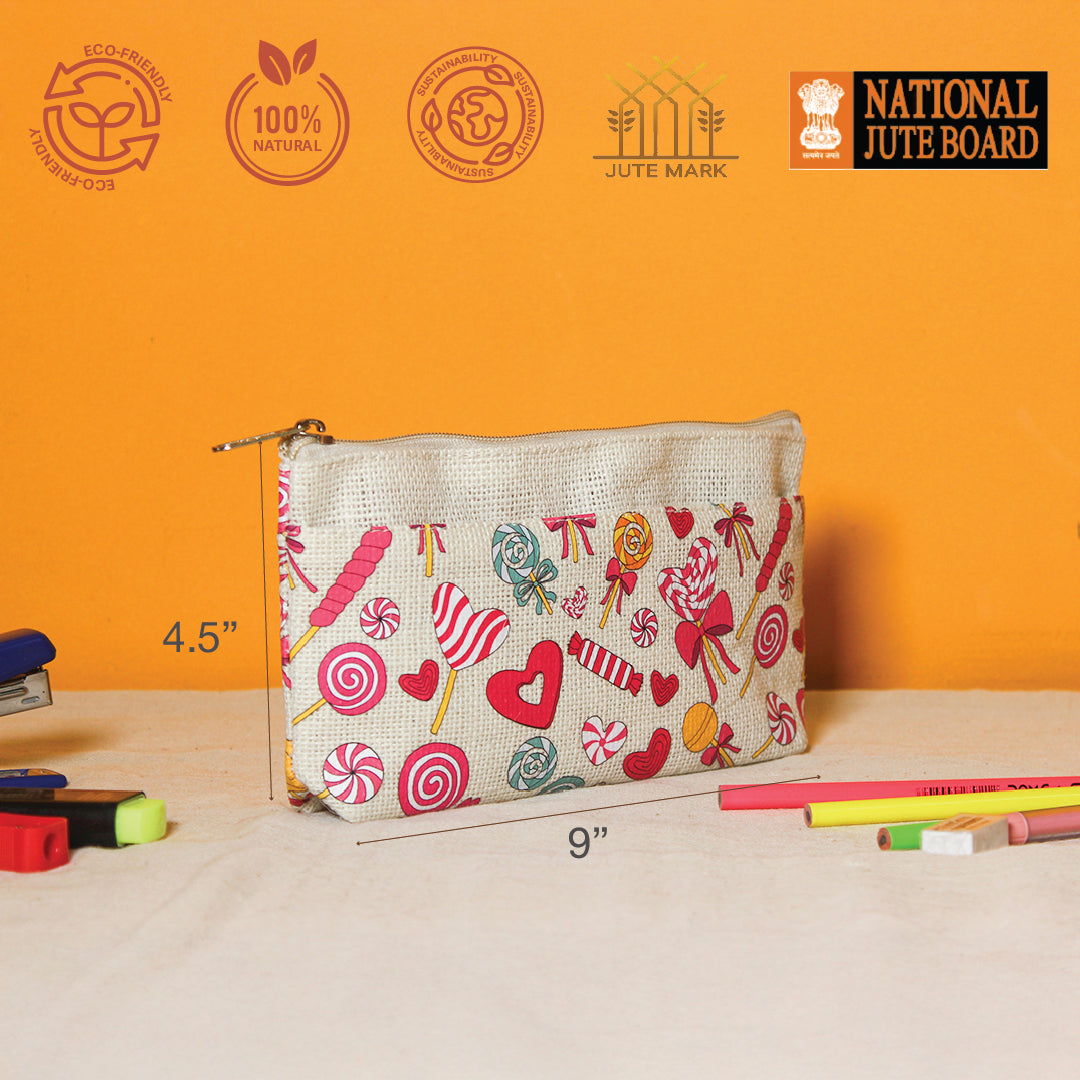 Lollipop print Double zip jute pouch