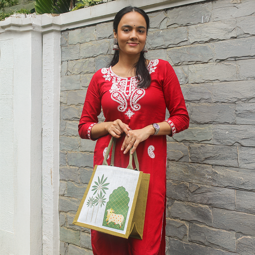 Pichwai Palm tree jute lunch bag