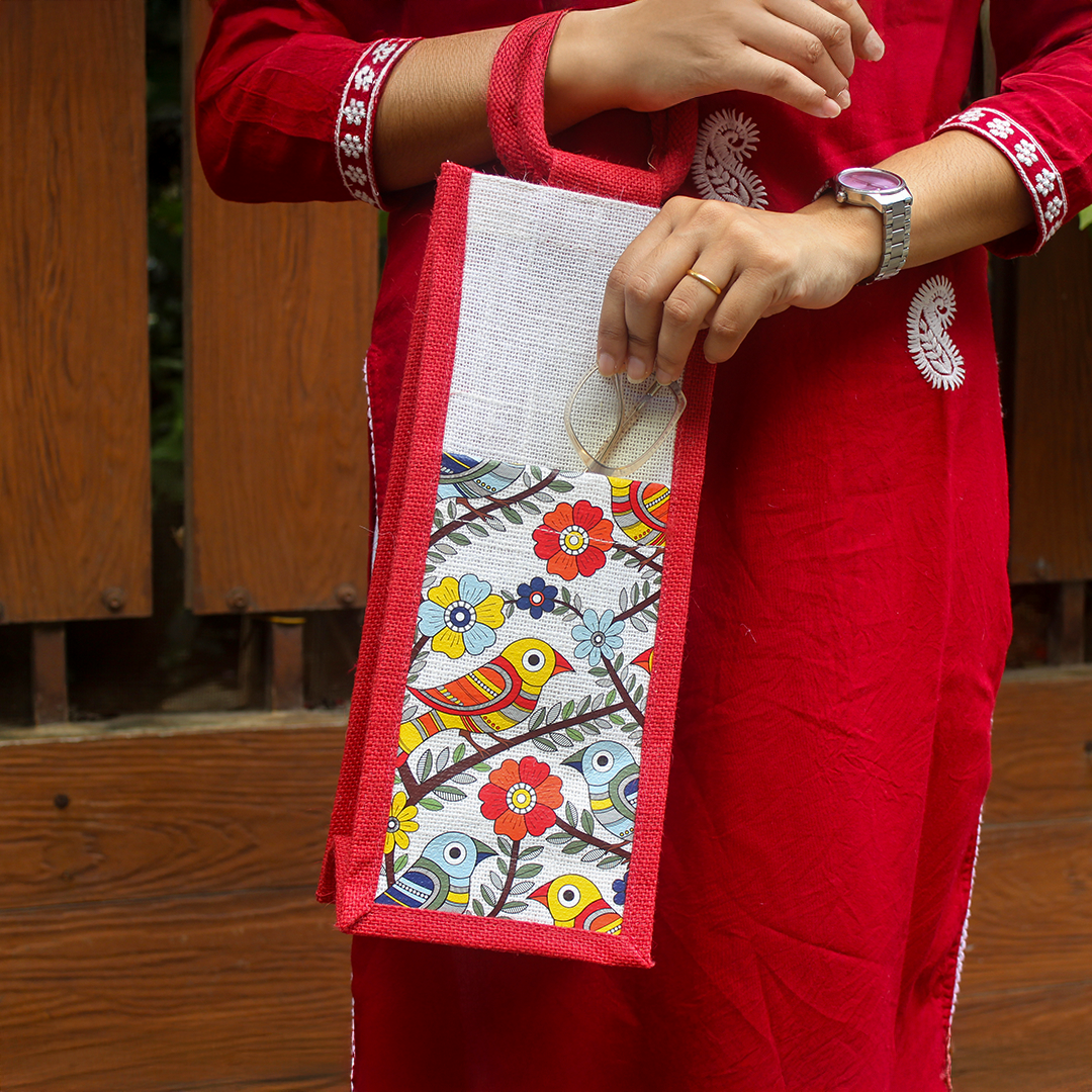 Madhubani Bird Jute bottle bag