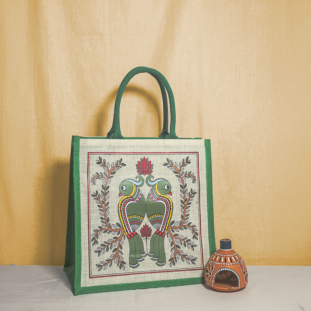 Madhubani Parrot Jute Shopping bag