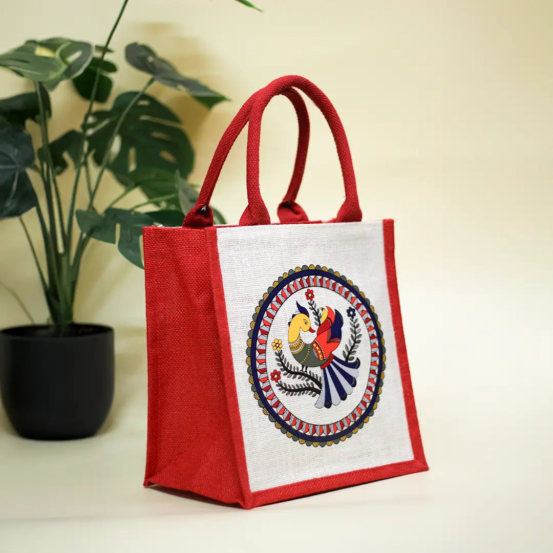 Madhubani Peacock Jute lunch bag