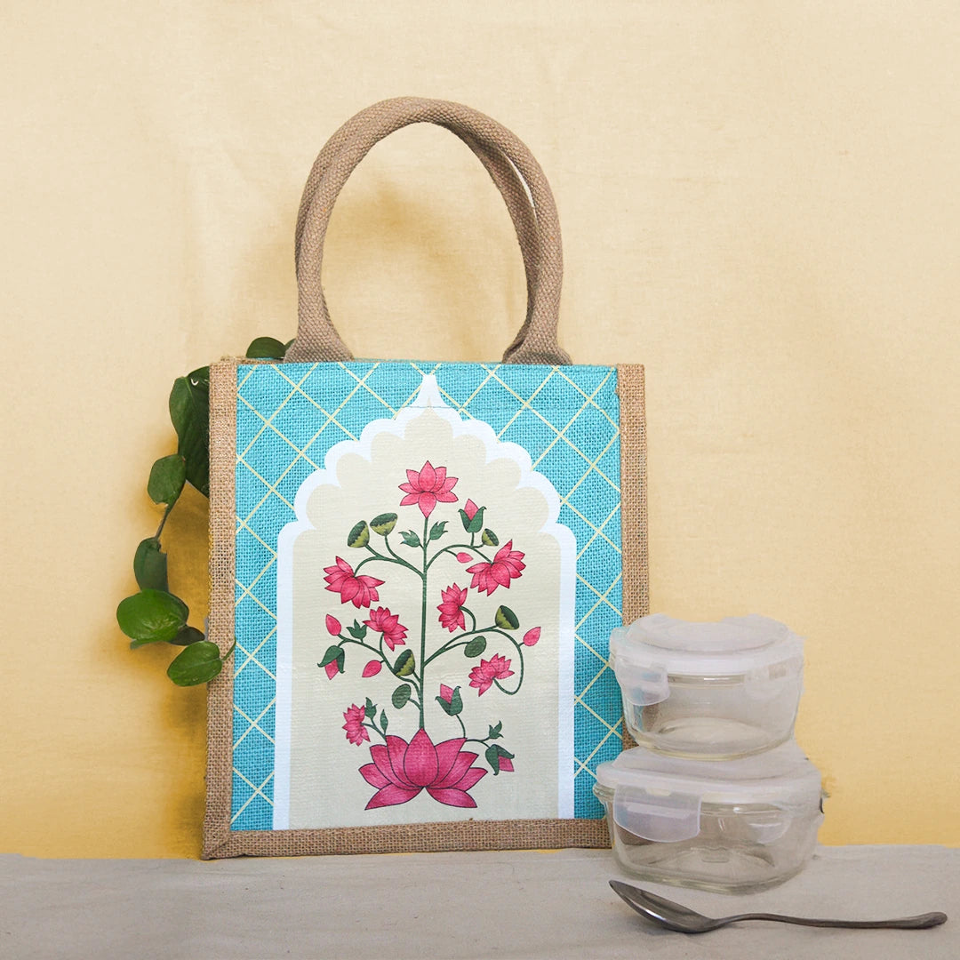 Pichwai Lotus Jharokha Jute Lunch bag