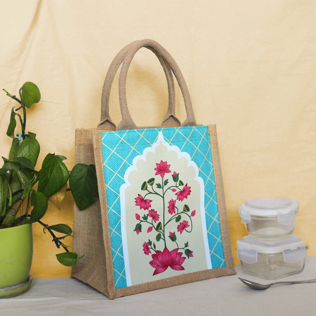 Pichwai Lotus Jharokha Jute Lunch bag