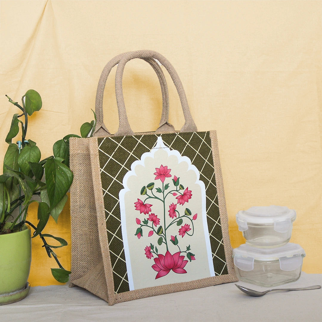 Pichwai Lotus Jharokha Jute Lunch bag