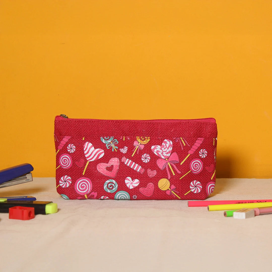 Lollipop print Double zip jute pouch