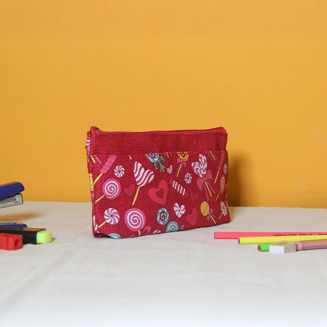 Lollipop print Double zip jute pouch