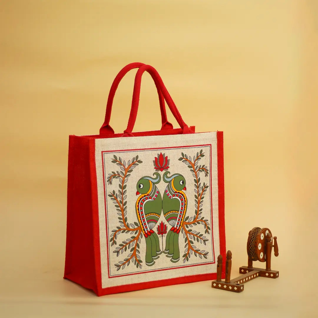 Madhubani Parrot Jute Shopping bag