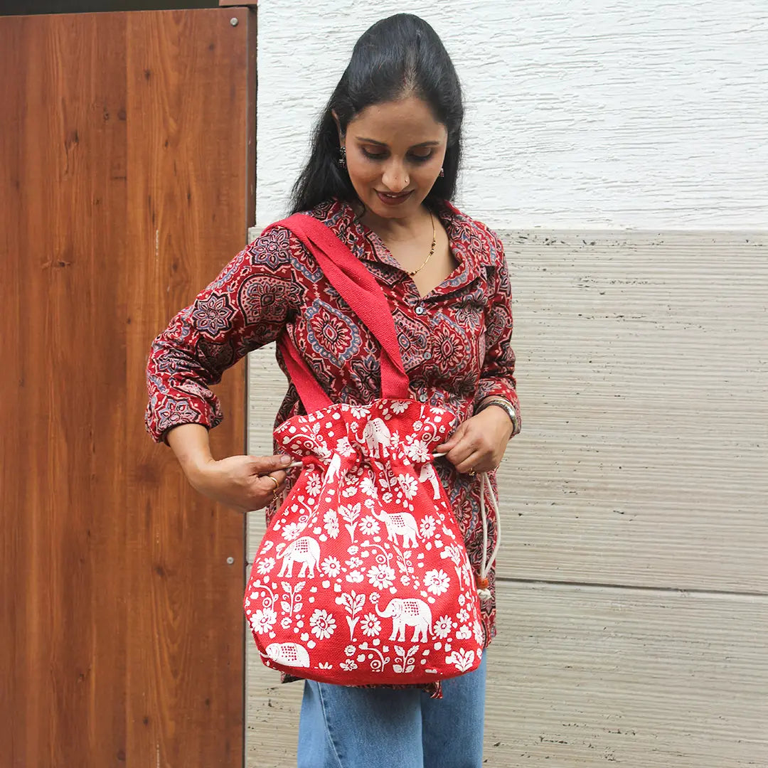 Elephant Print Jute Potli Style Bag