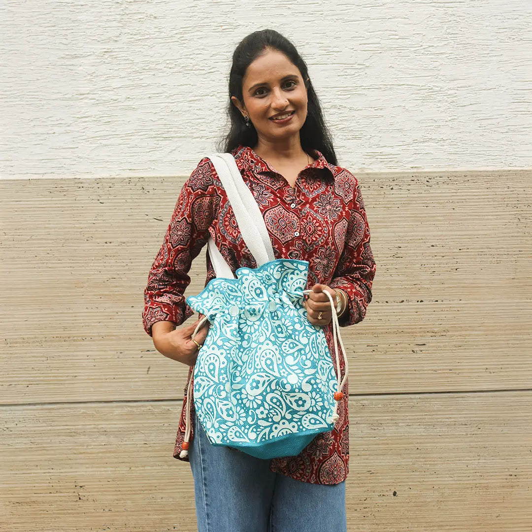 Paisley Print Jute Potli Style Bag
