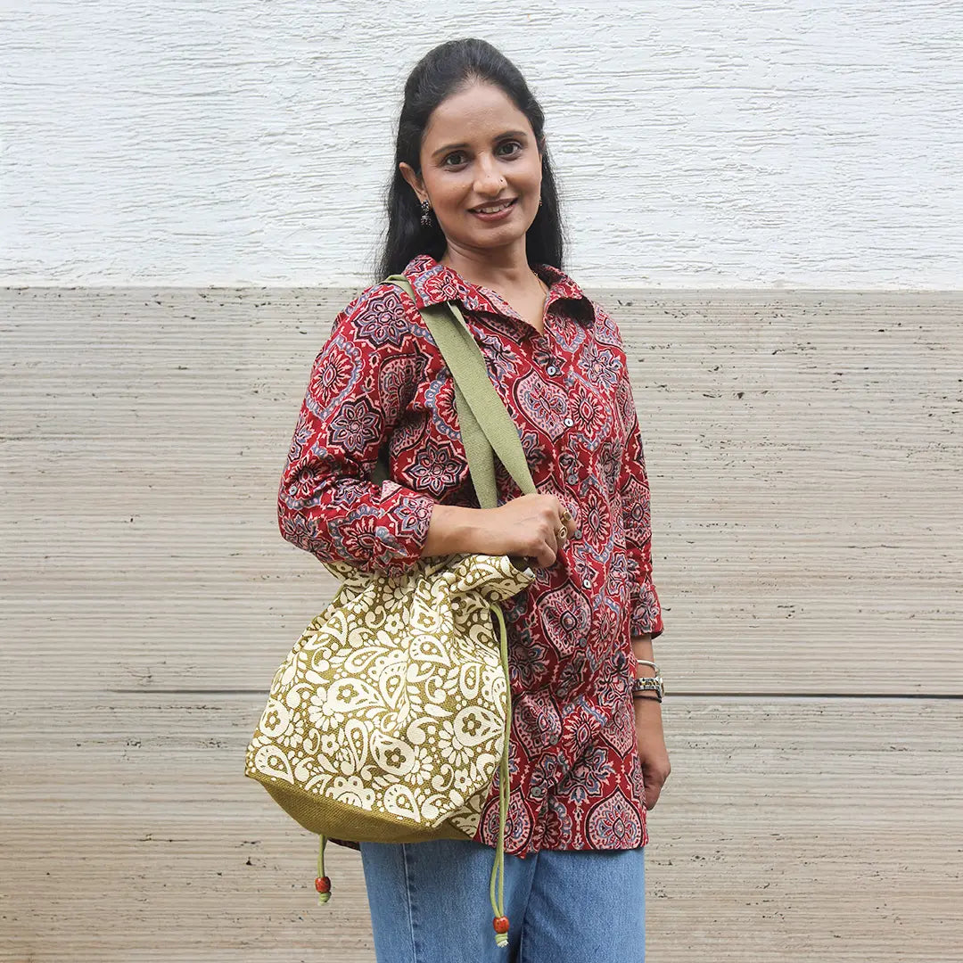 Paisley print Jute Potli style bag
