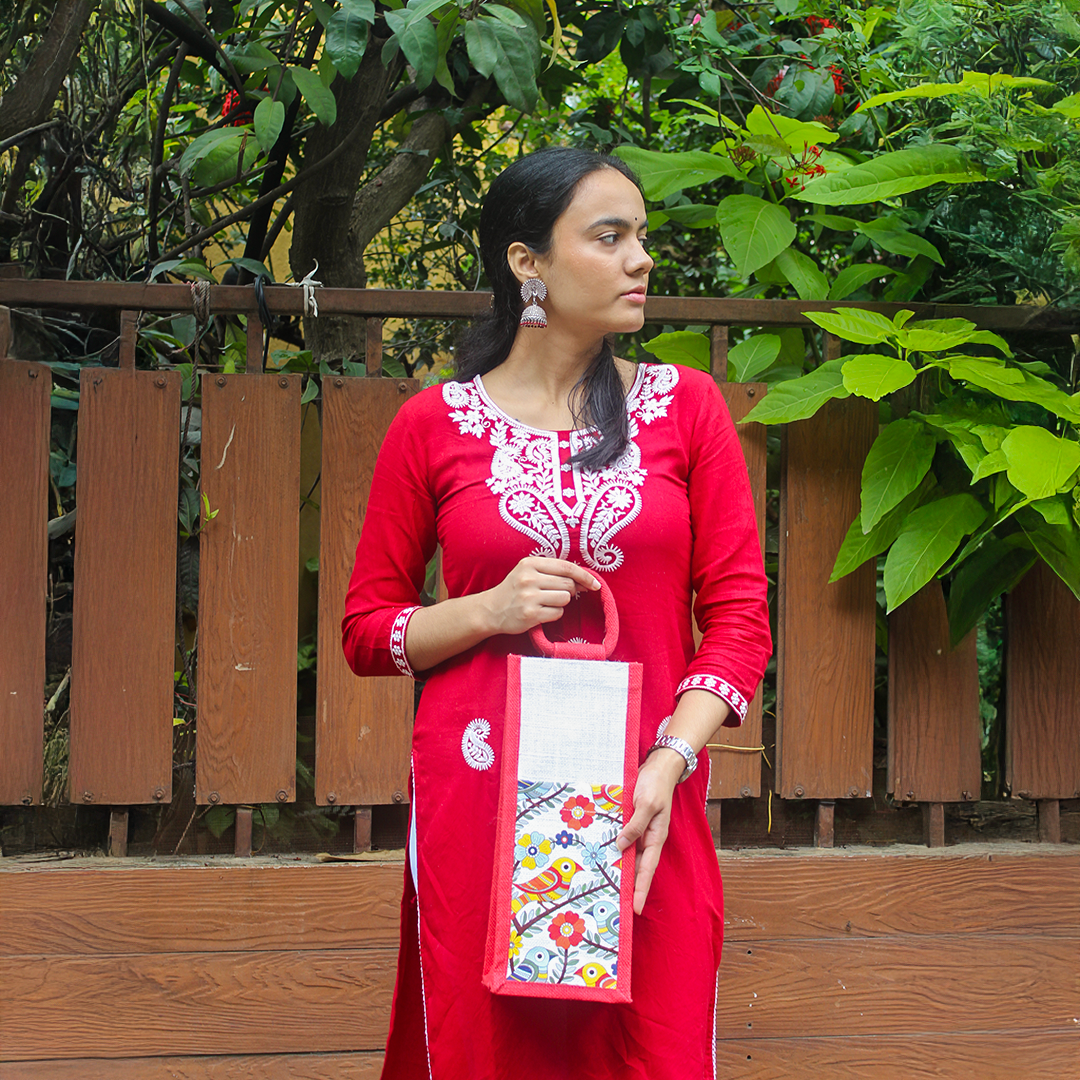 Madhubani Bird Jute bottle bag