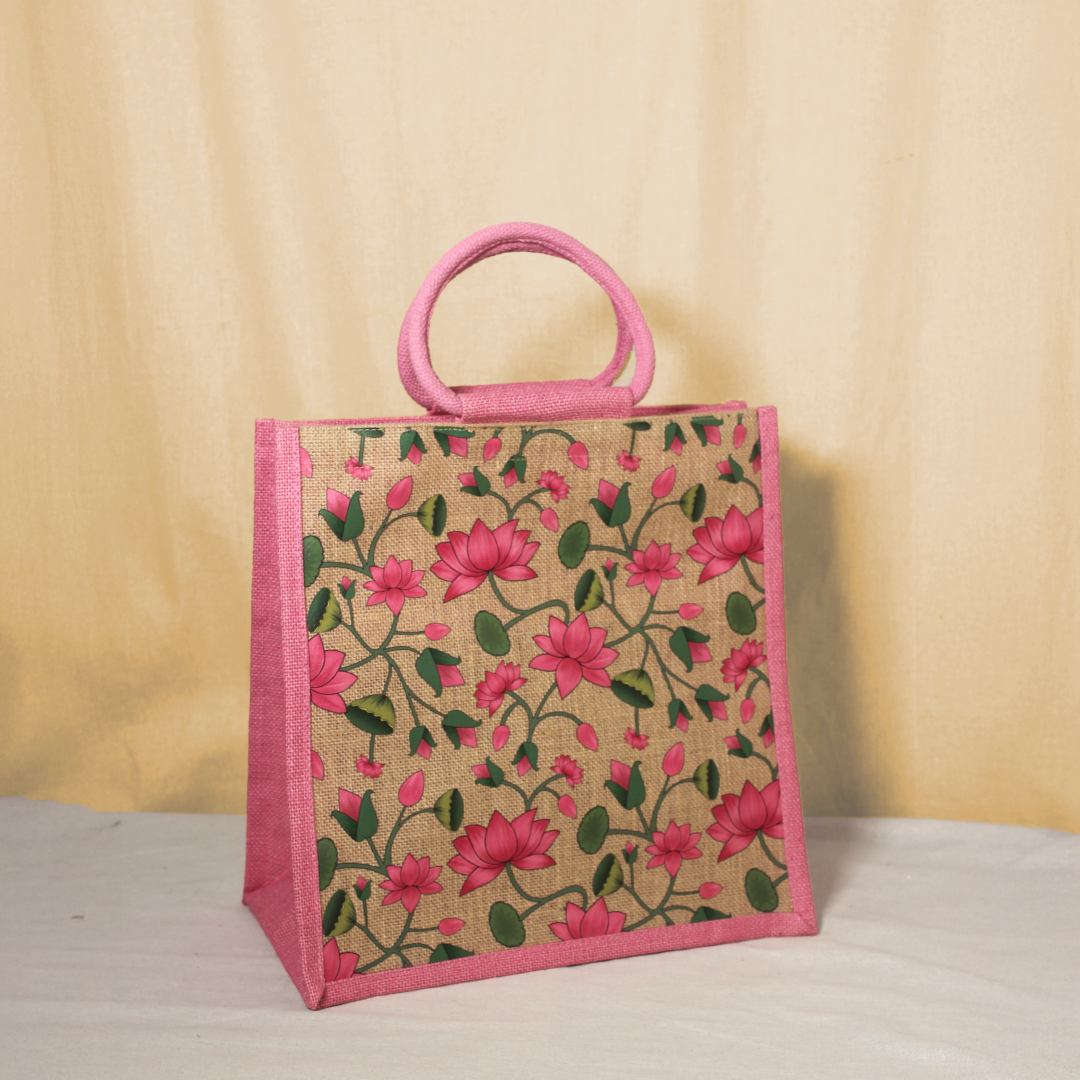 Pichwai Lotus Jute Shopping Bag