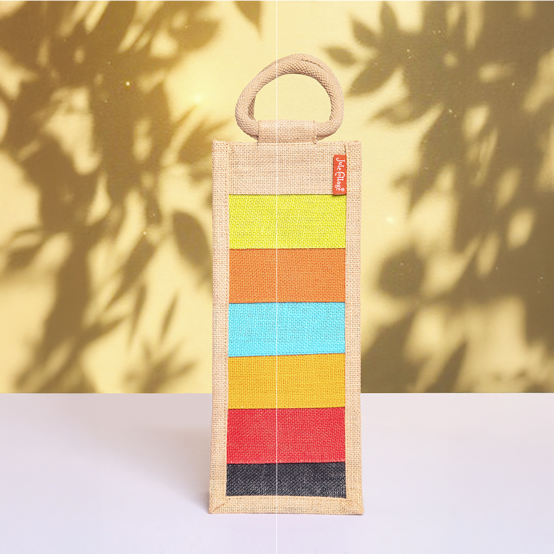 Combo of Jute Multicolor Patchwork Lunch Bag and Multicolor Patchwork Bottle Bag