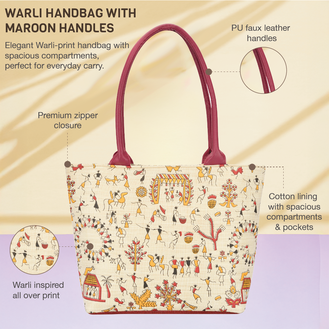 Warli Handbag with maroon handles