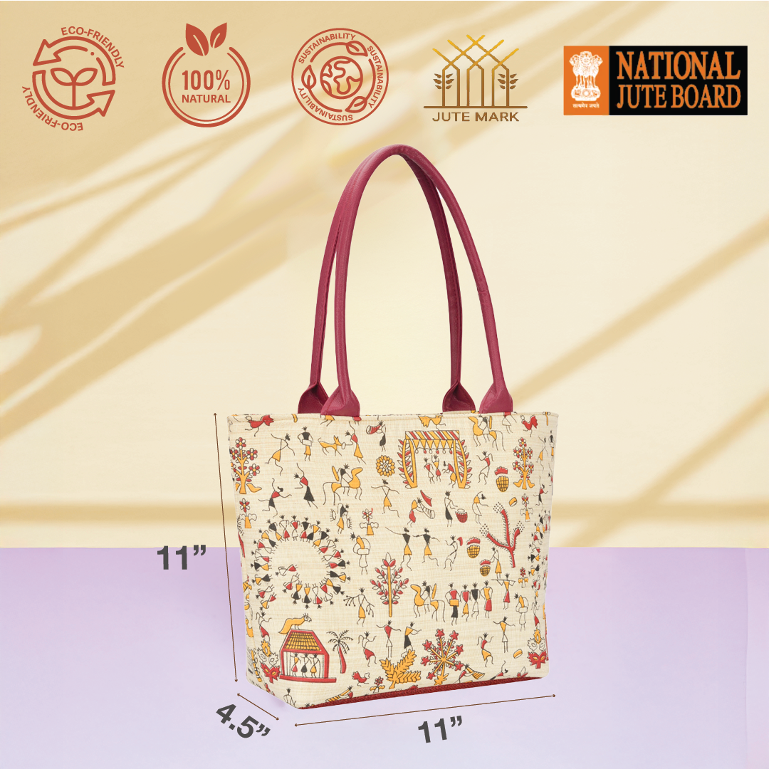 Warli Handbag with maroon handles
