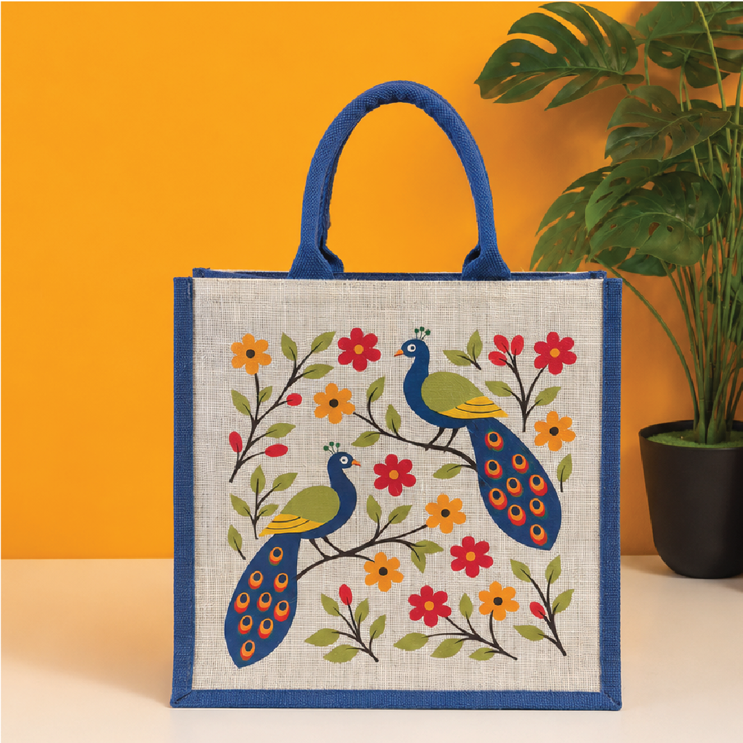 Floral Peacock Jute Shopping Bag