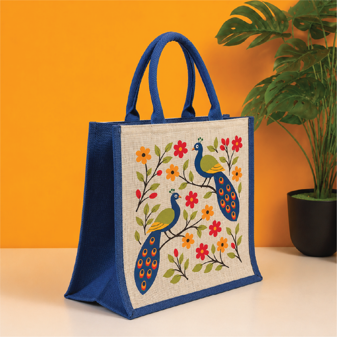 Floral Peacock Jute Shopping Bag