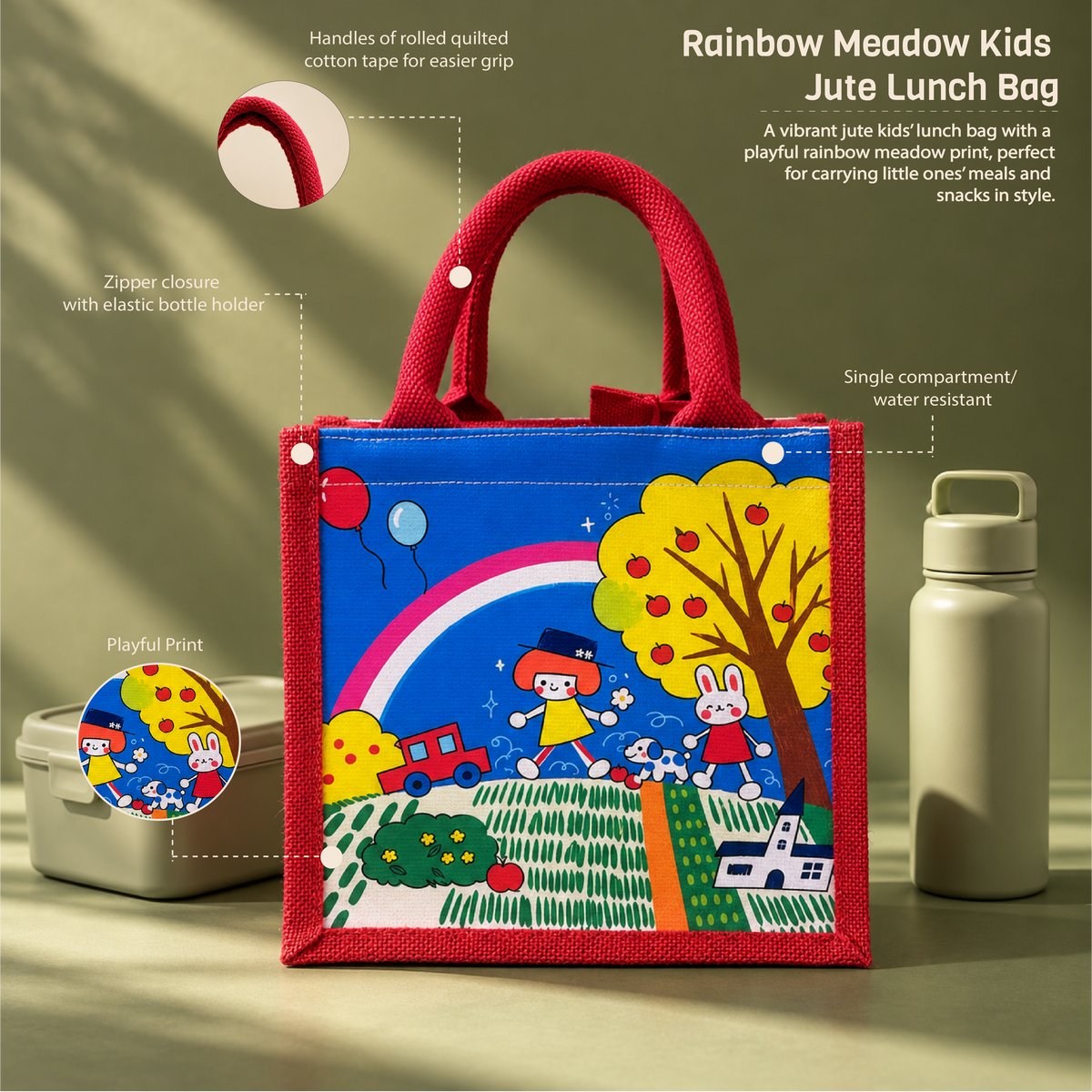 Rainbow Meadow Kids Jute Lunch Bag