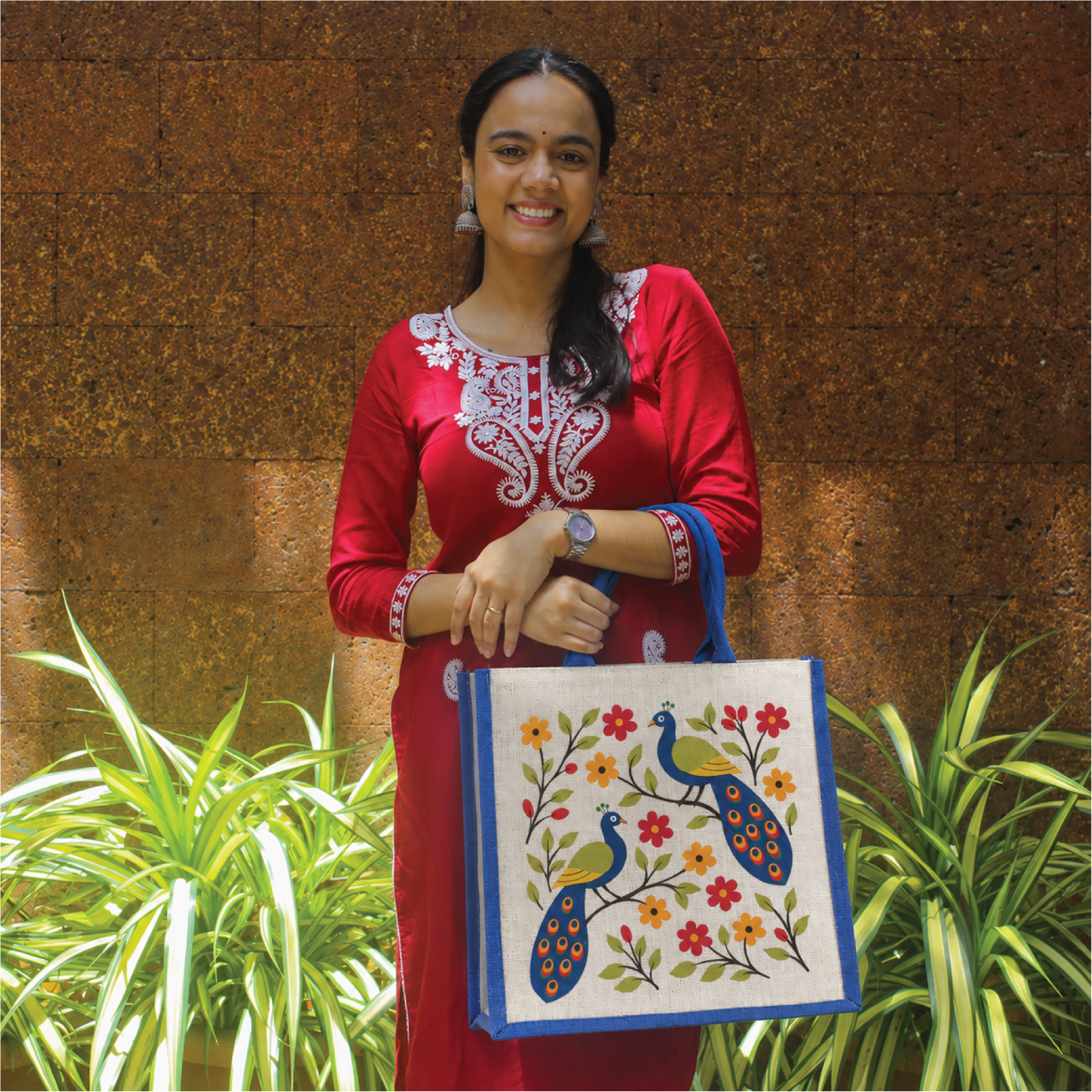 Floral Peacock Jute Shopping Bag