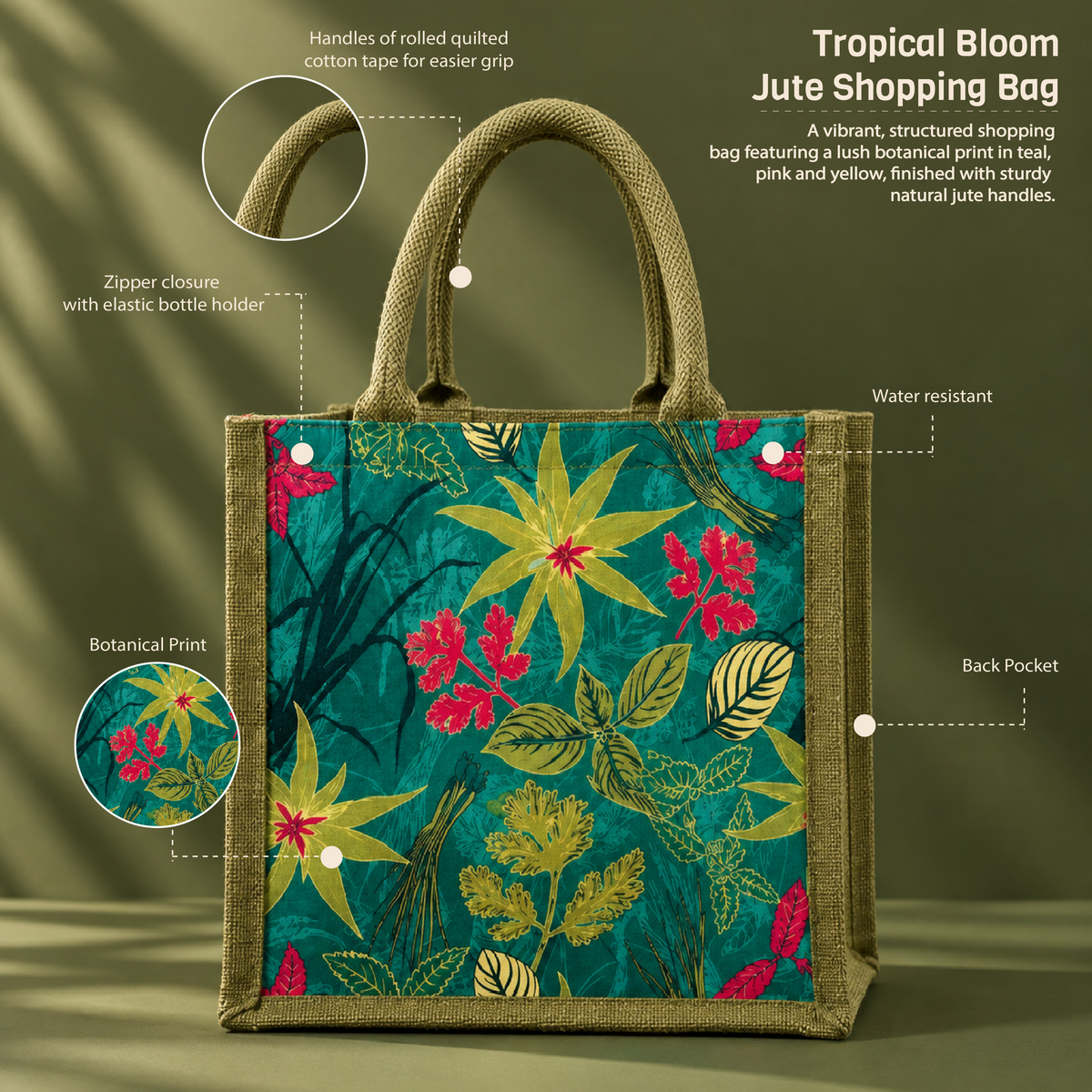 Tropical Bloom Zipper Shopping Bag